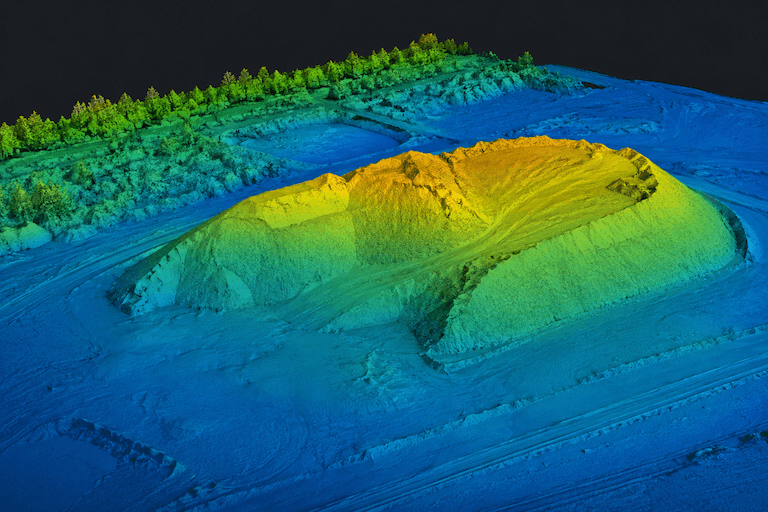 Photogrammetric 3D terrain model with DEM elevation map - colour gradient from blue to yellow